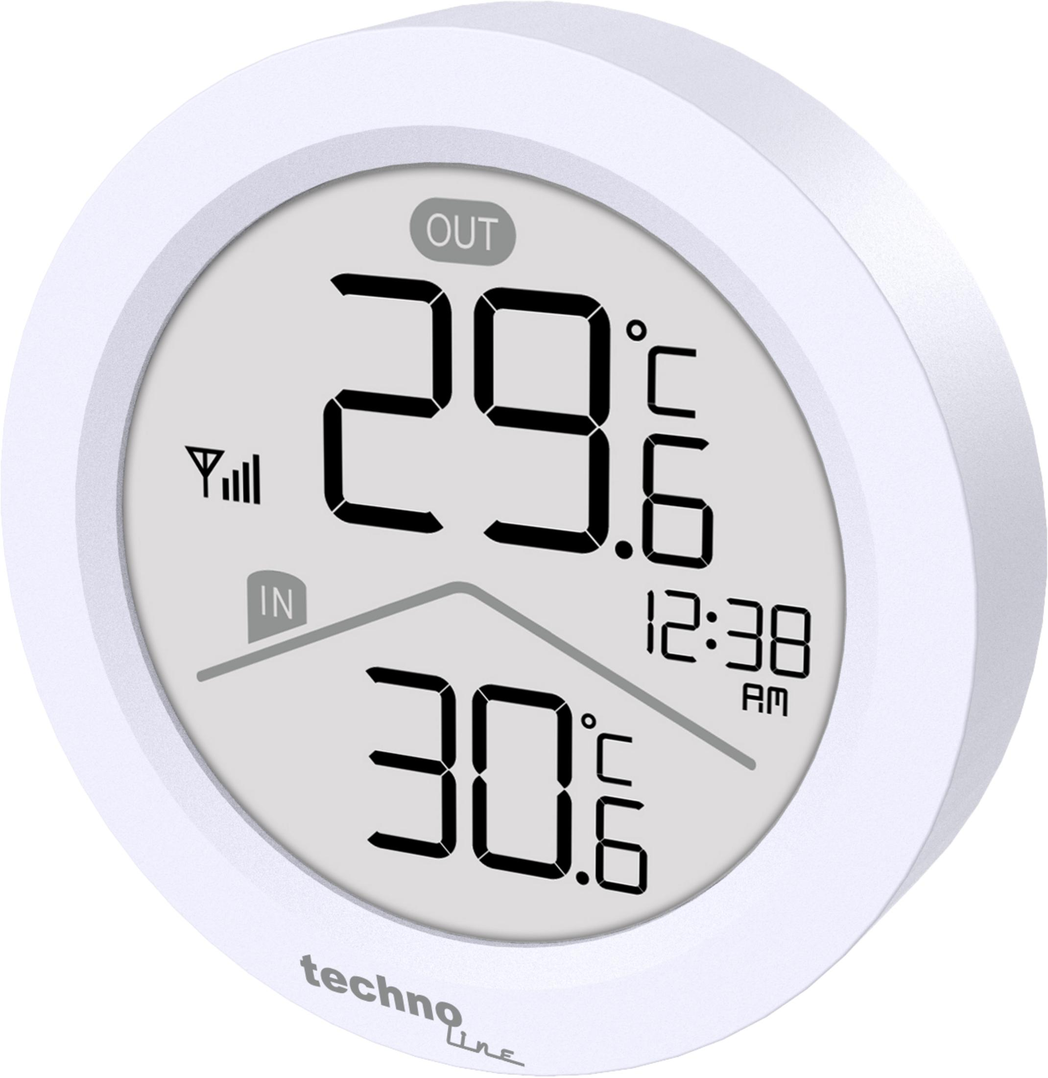 Weißes digitales Thermometer zeigt 29.6°C außen und 30.6°C innen an.