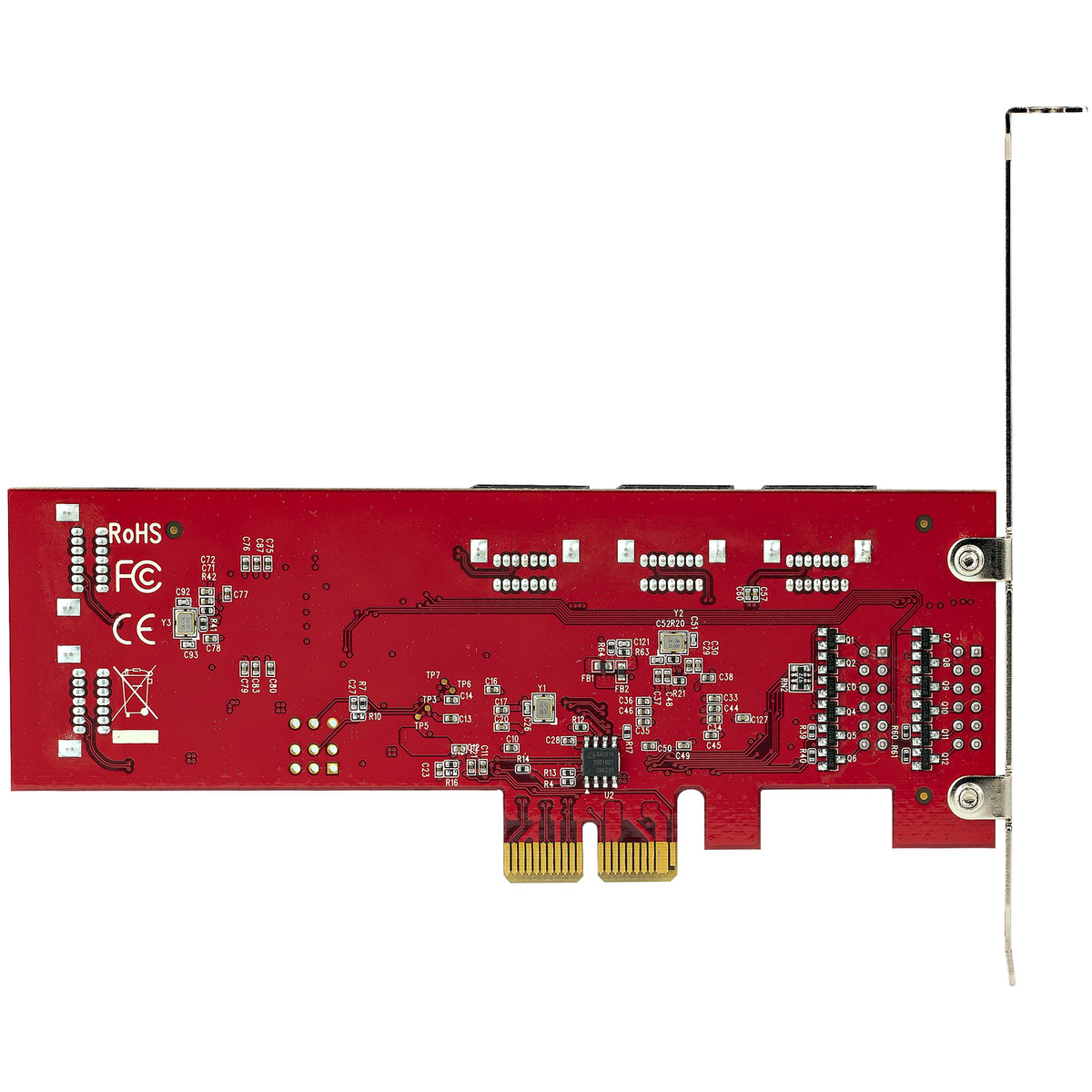 Eine rote Leiterplatte mit elektronischen Bauteilen und einem Metallstecker.