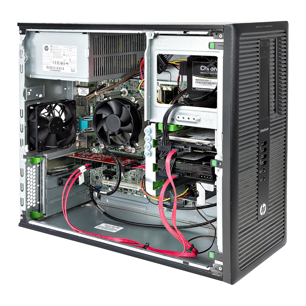 Offener schwarzer HP EliteDesk Computer mit sichtbaren Komponenten wie Lüftern, Kabeln und Festplatten.