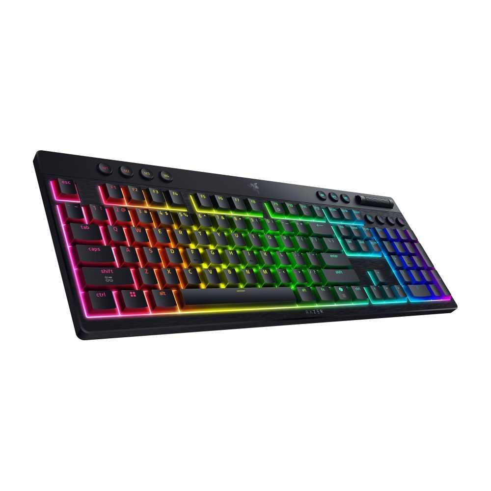 Ein schwarzes Razer-Gaming-Keyboard mit RGB-Beleuchtung der Tasten.