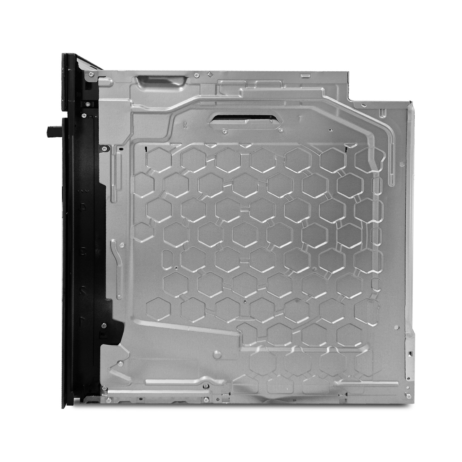Rückseite eines Backofens mit silbernem Metallgehäuse und Wabenmuster.