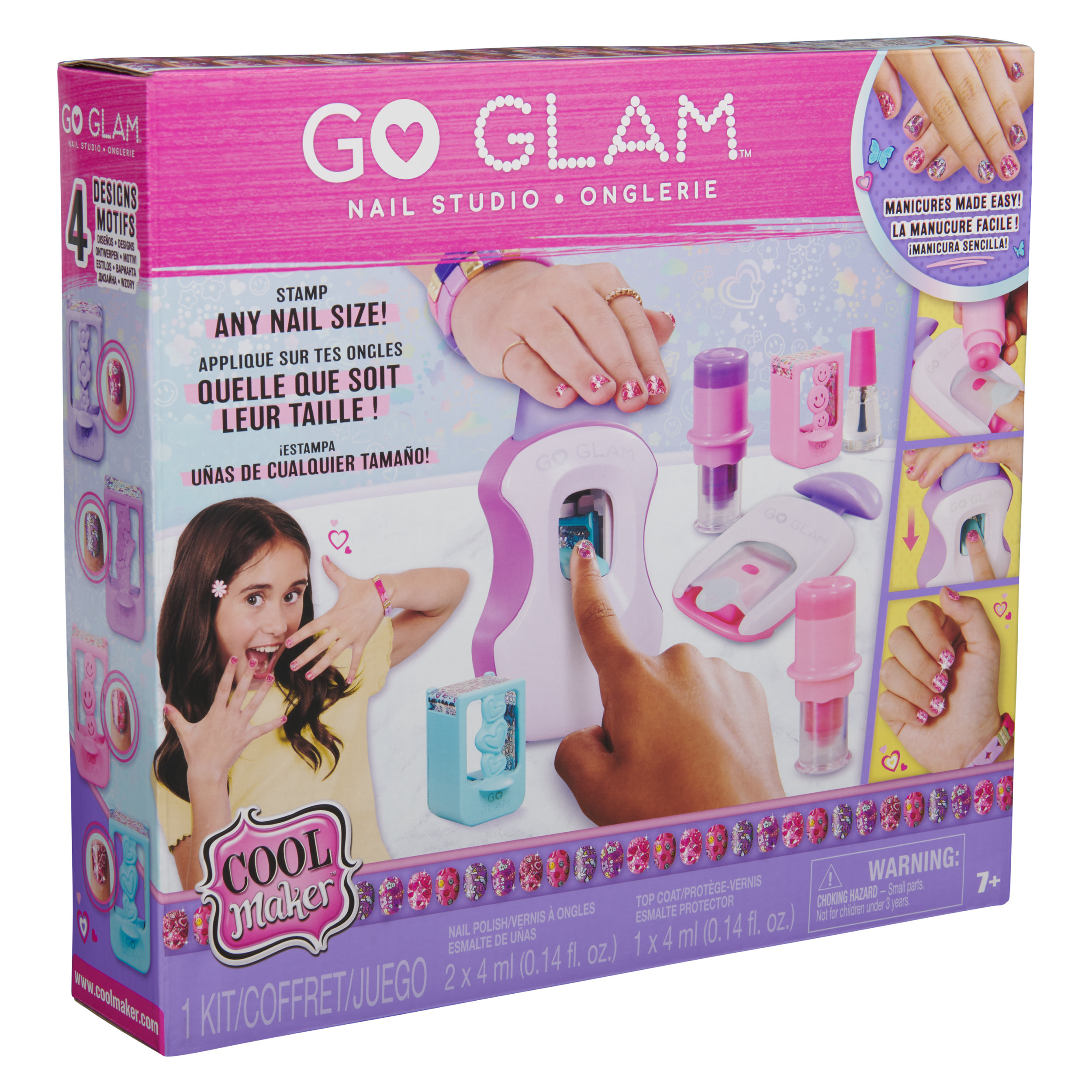 Caja para el juego Go Glam Nail Studio. Muestra a una niña con uñas pintadas y dispositivo de estampado.