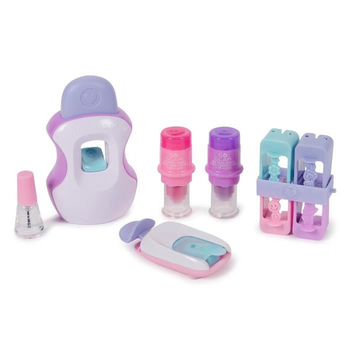 Máquina estampadora de uñas con botellas de esmalte y cápsulas.