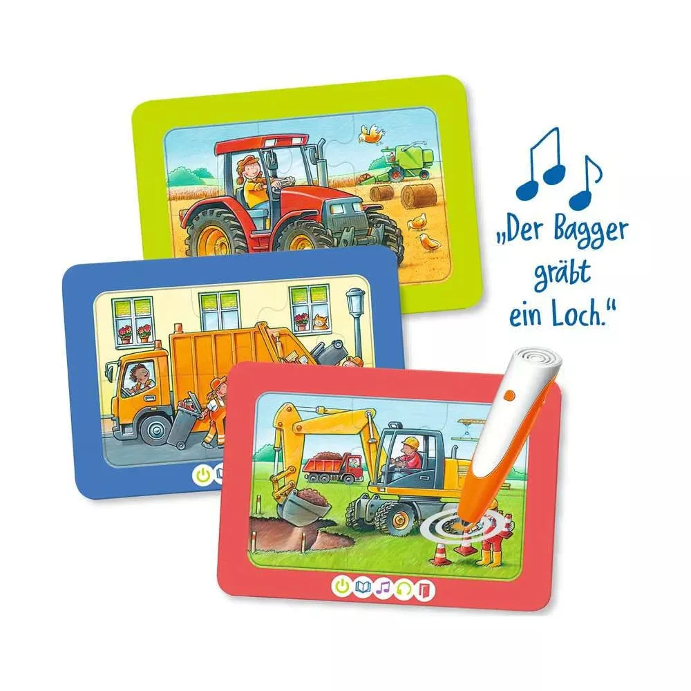 Drei Puzzles mit Baufahrzeugen und einem Traktor. Ein Stift liegt auf dem Bagger-Puzzle.