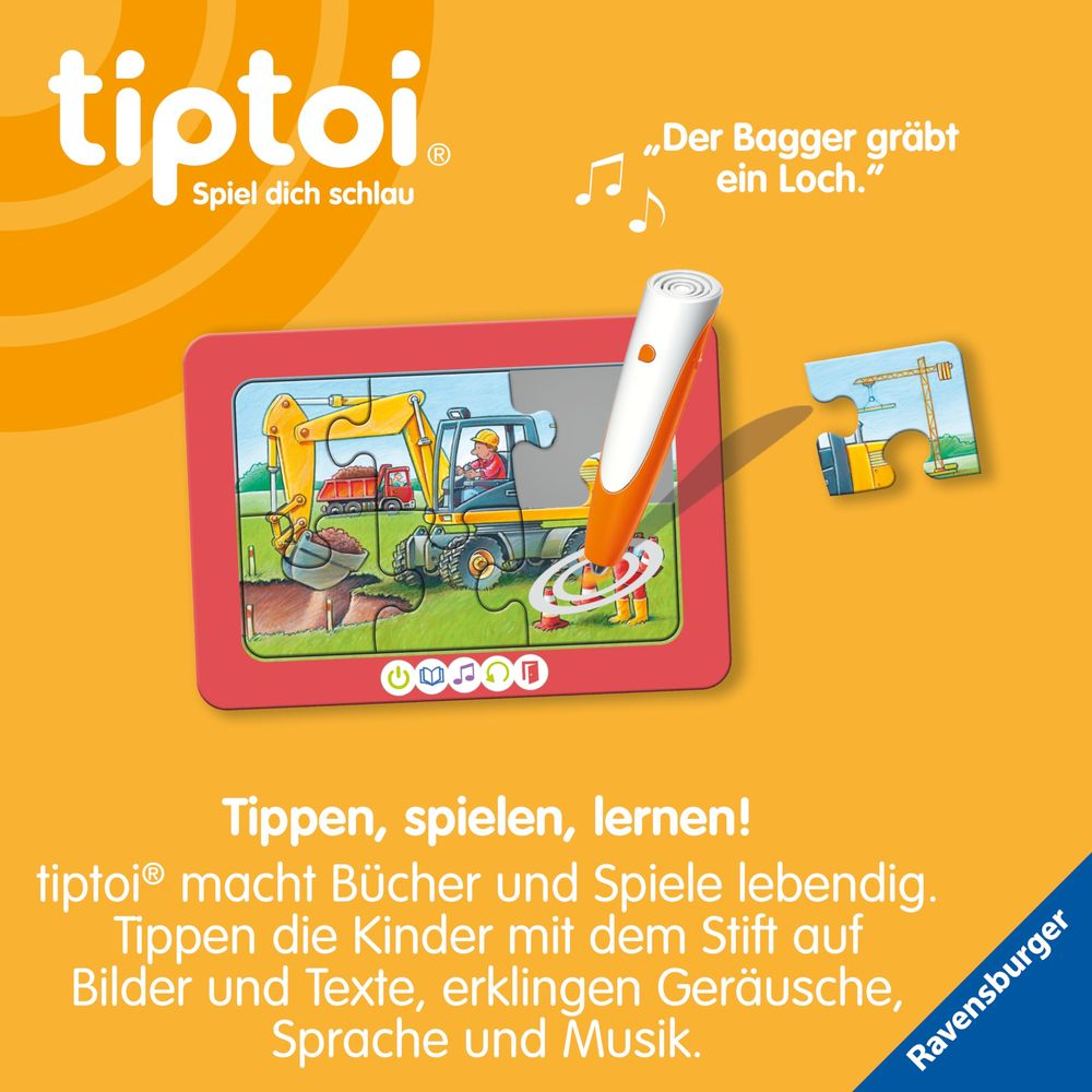 Ein Tiptoi-Stift zeigt auf ein Bagger-Puzzle. Ein Bagger gräbt ein Loch.