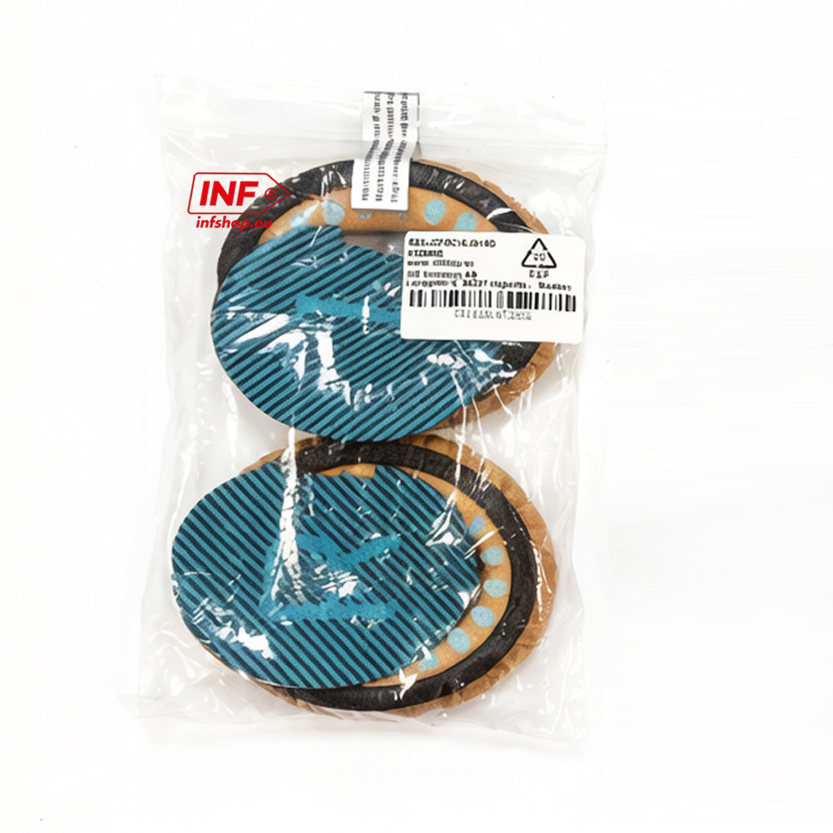 Zwei runde Kekse in Plastikverpackung, mit blau-schwarzem Muster.