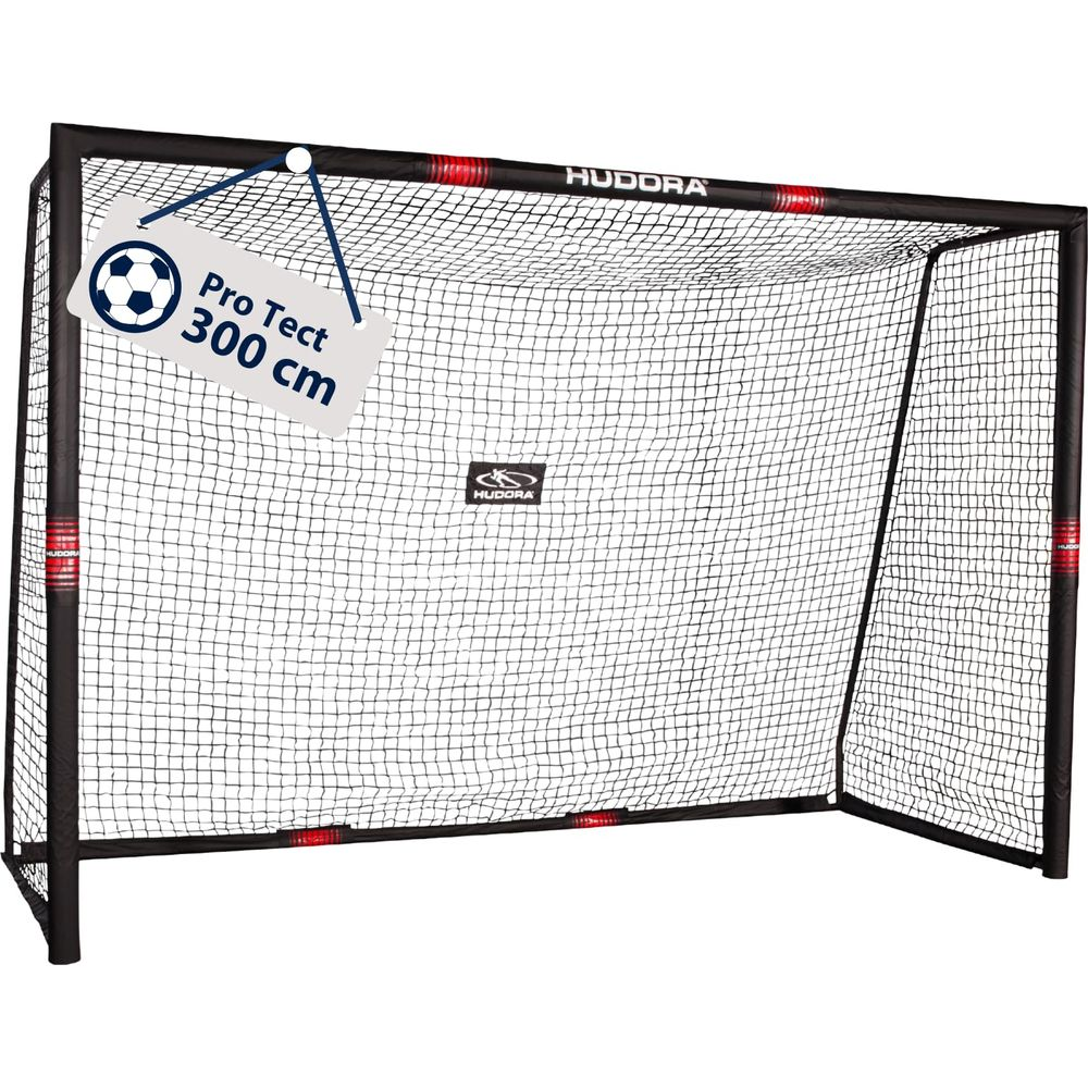 Ein schwarzes Hudora Fußballtor mit Netz und einem Schild "Pro Tect 300 cm".