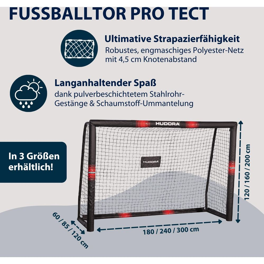 Ein Fußballtor mit schwarzem Rahmen und Netz, Maße sind angegeben.