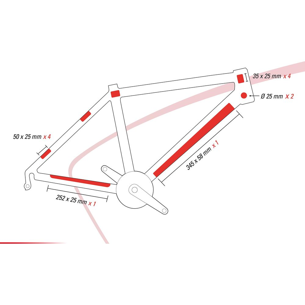 Diagramm eines Fahrradrahmens mit roten Schutzaufklebern und Maßen.