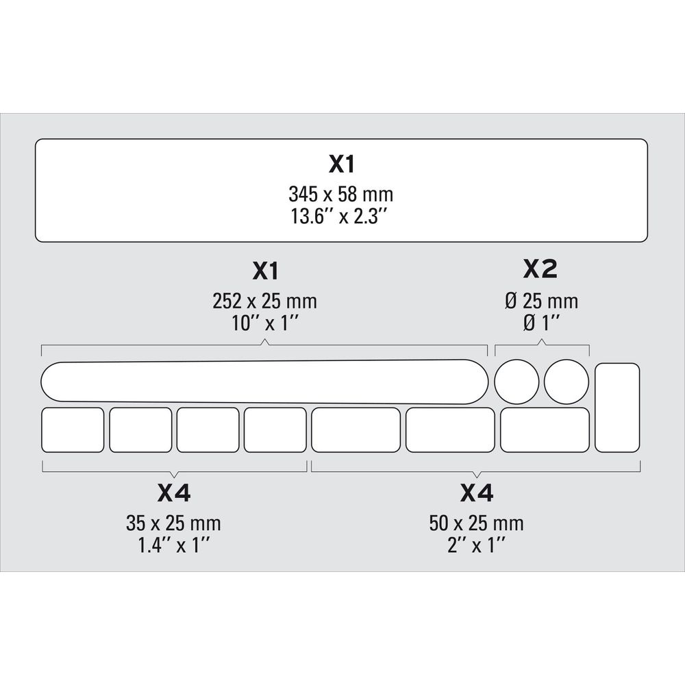 Diagramm zeigt verschiedene Größen von rechteckigen und runden Etiketten mit Maßen.