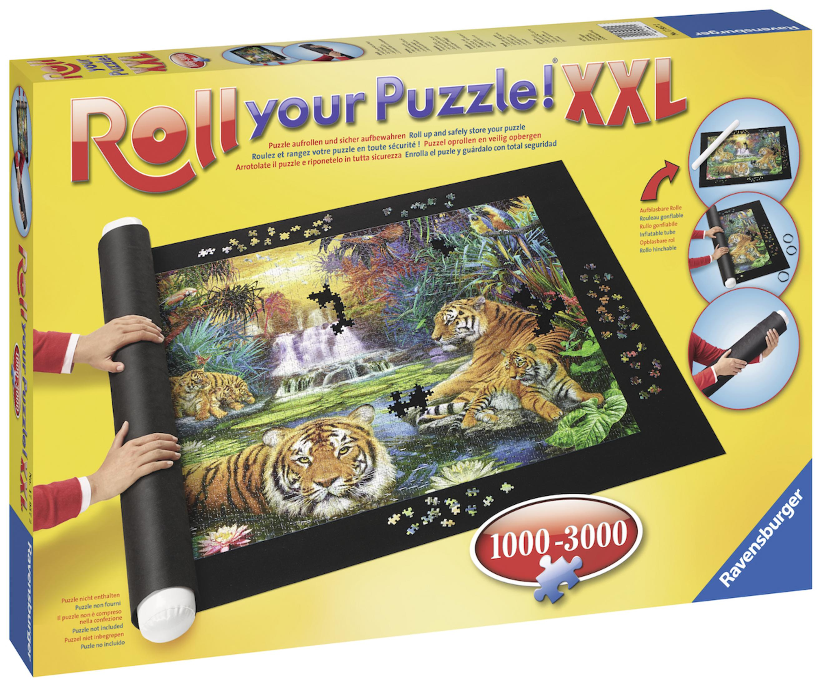 Ravensburger Puzzle XXL Box mit Tigern und Wasserfall, zeigt Rollmatte.