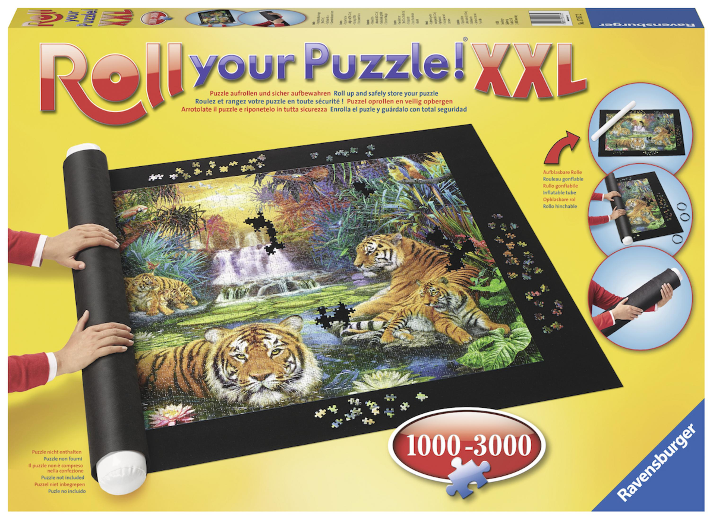 Verpackung für ein 1000-3000 Teile Puzzle mit Tigerfamilie und Wasserfall.