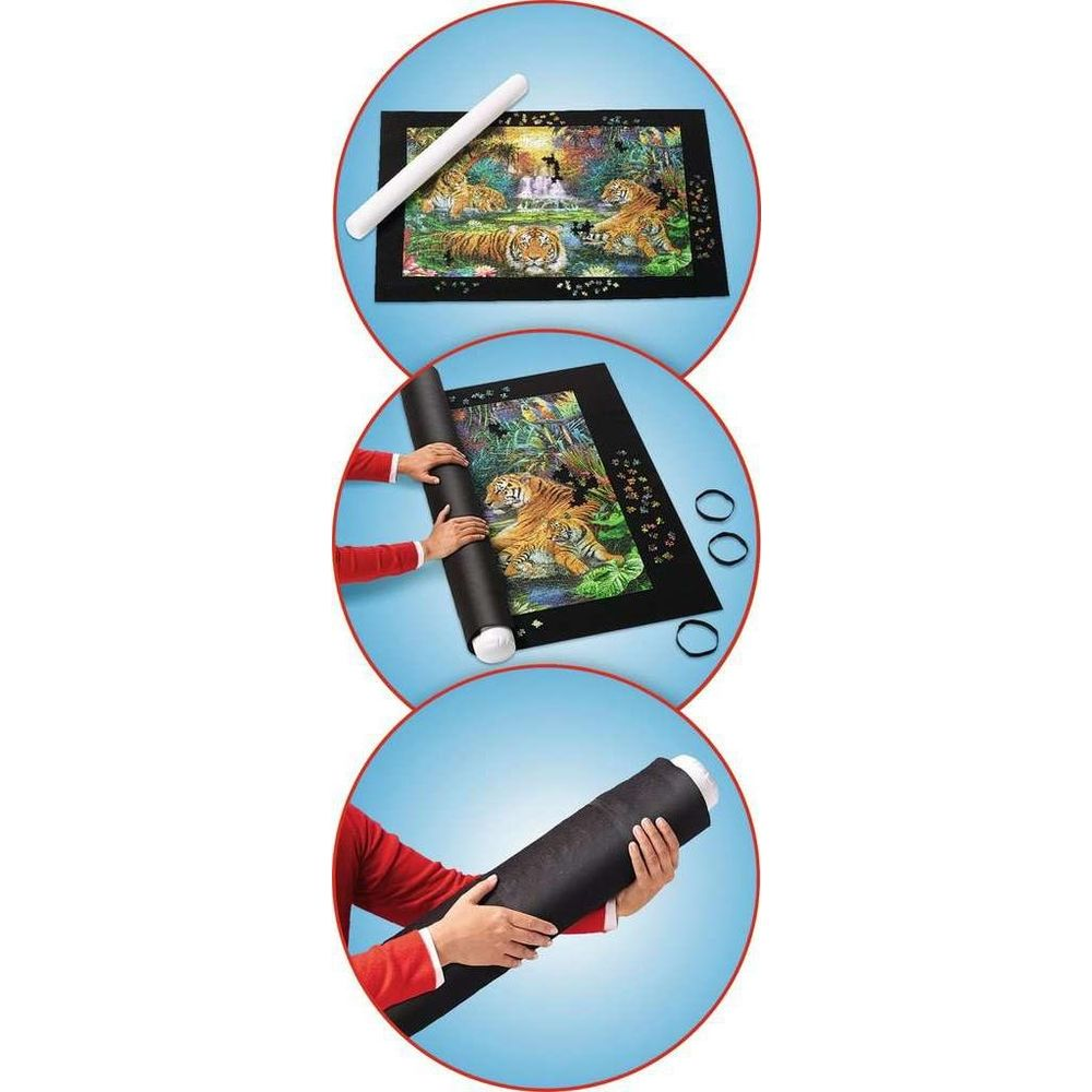 Eine aufgerollte Puzzlematte mit Tigern und ein weißer Schlauch.