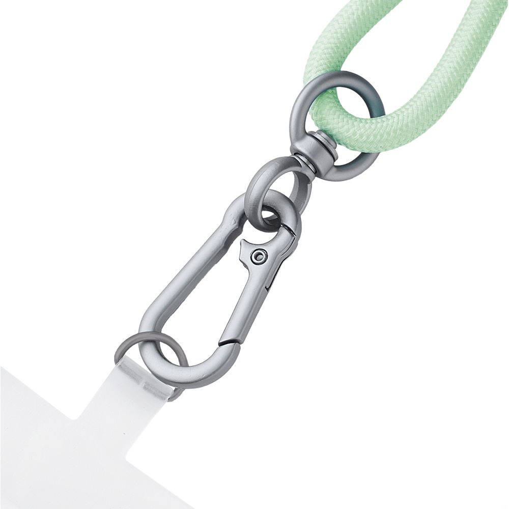 Ein silberner Karabinerhaken ist mit einem Ring und einem mintgrünen Seil verbunden.