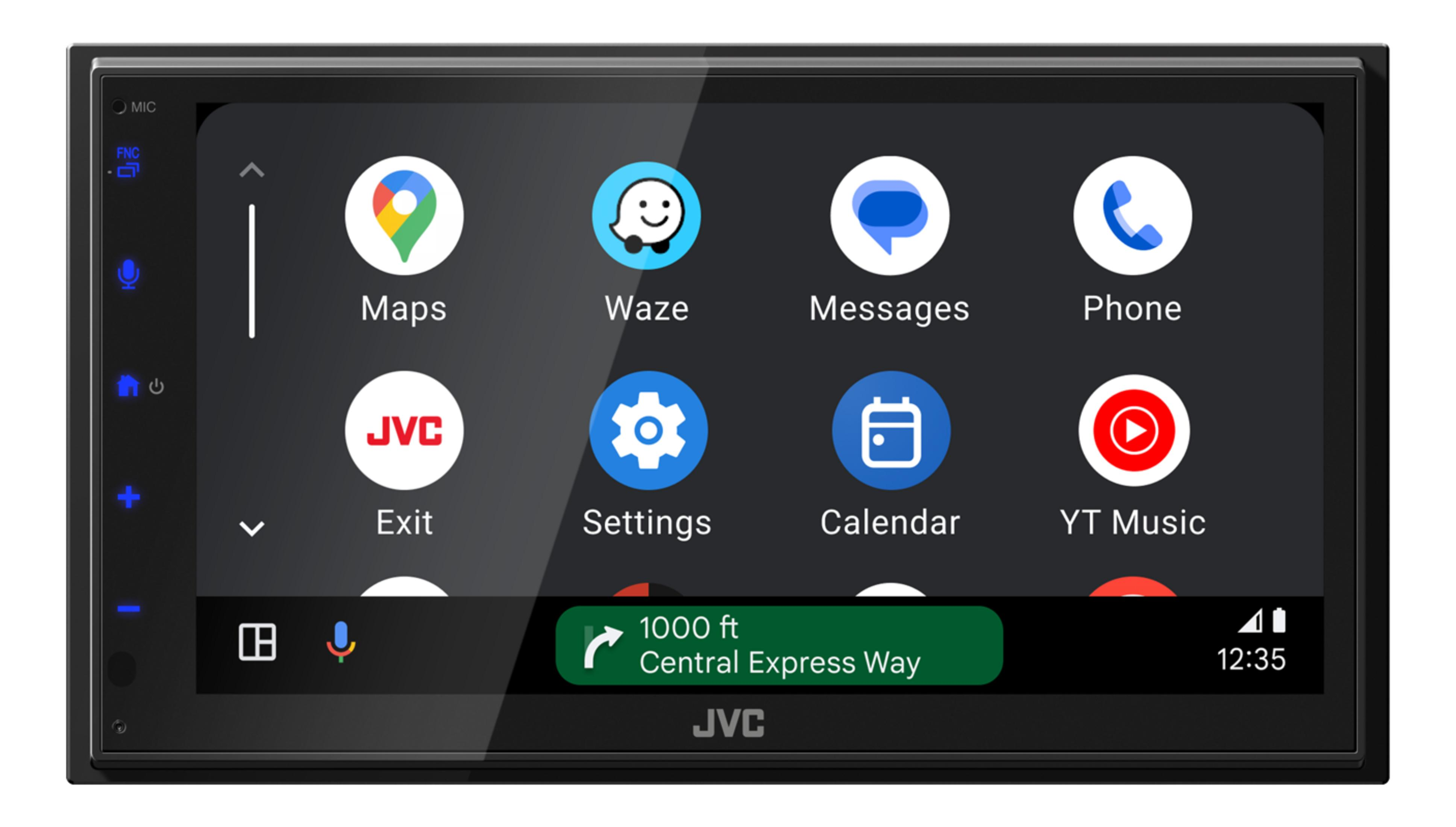 Ein Autoradio-Bildschirm zeigt Apps wie Maps, Waze, Nachrichten und Telefon.