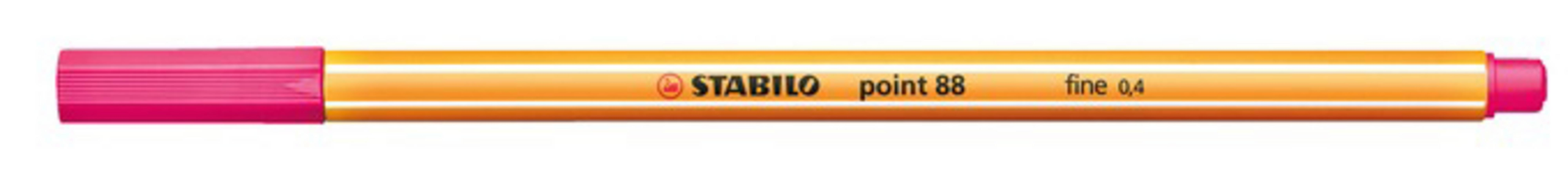 Ein pinker Filzstift mit orangefarbenem Schaft, beschriftet mit 'STABILO point 88 fine 0,4'.