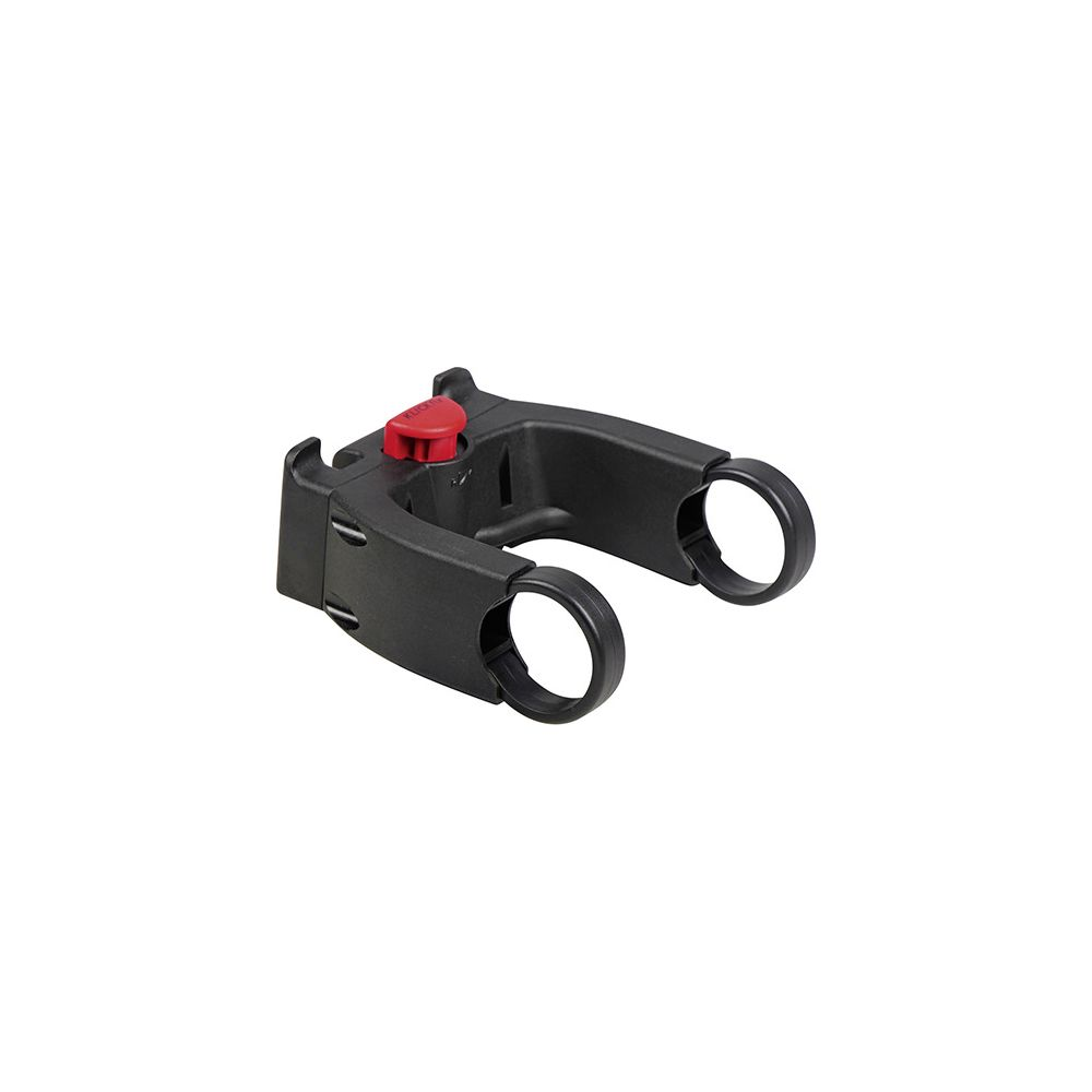 Schwarzer Fahrradgepäckträgerhalter mit rotem Knopf.
