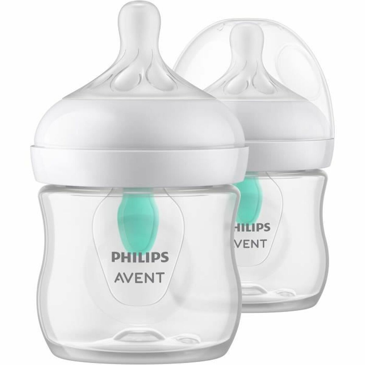 Zwei Philips Avent Babyflaschen mit weißen Deckeln und türkisfarbenen Ventilen.