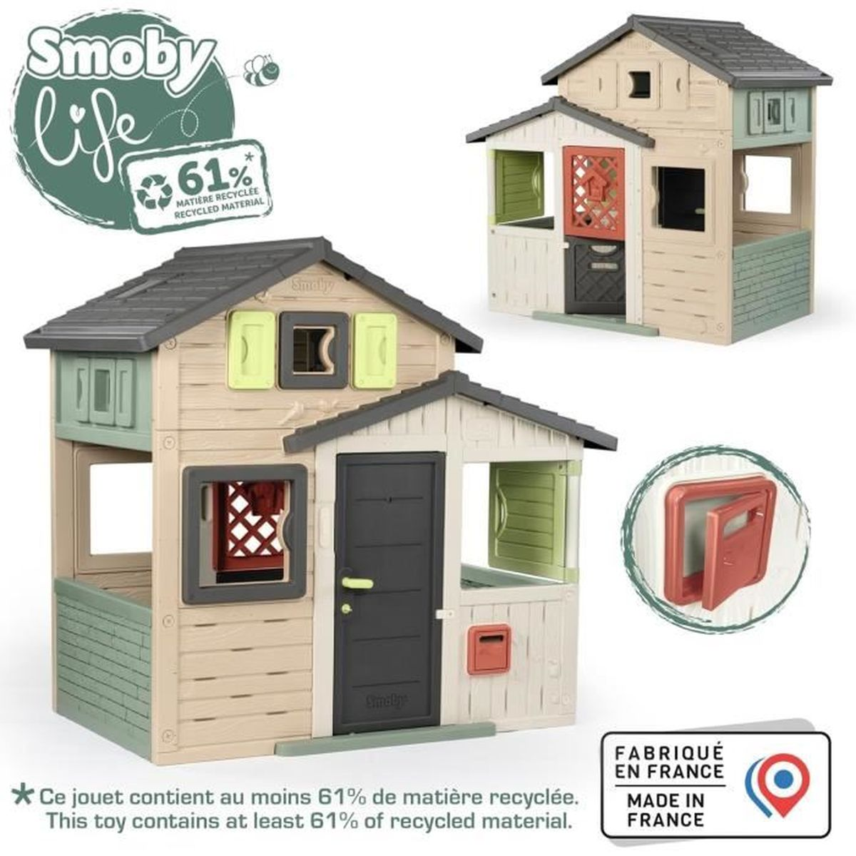 Una casa giochi in plastica beige e grigia con accenti verdi. Include testo.