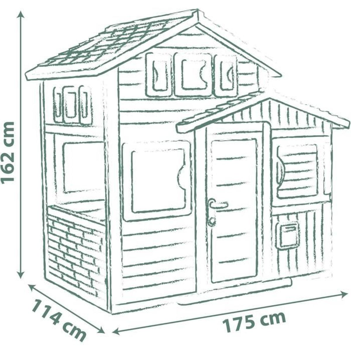 Un disegno schematico di una casetta con dimensioni: 162 cm di altezza, 114 cm di profondità, 175 cm di larghezza.