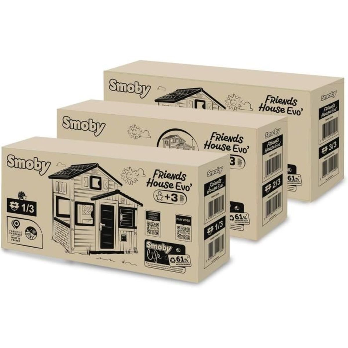 Tre scatole di giocattoli Smoby "Friends House Evo" beige, quella frontale dettagliata.