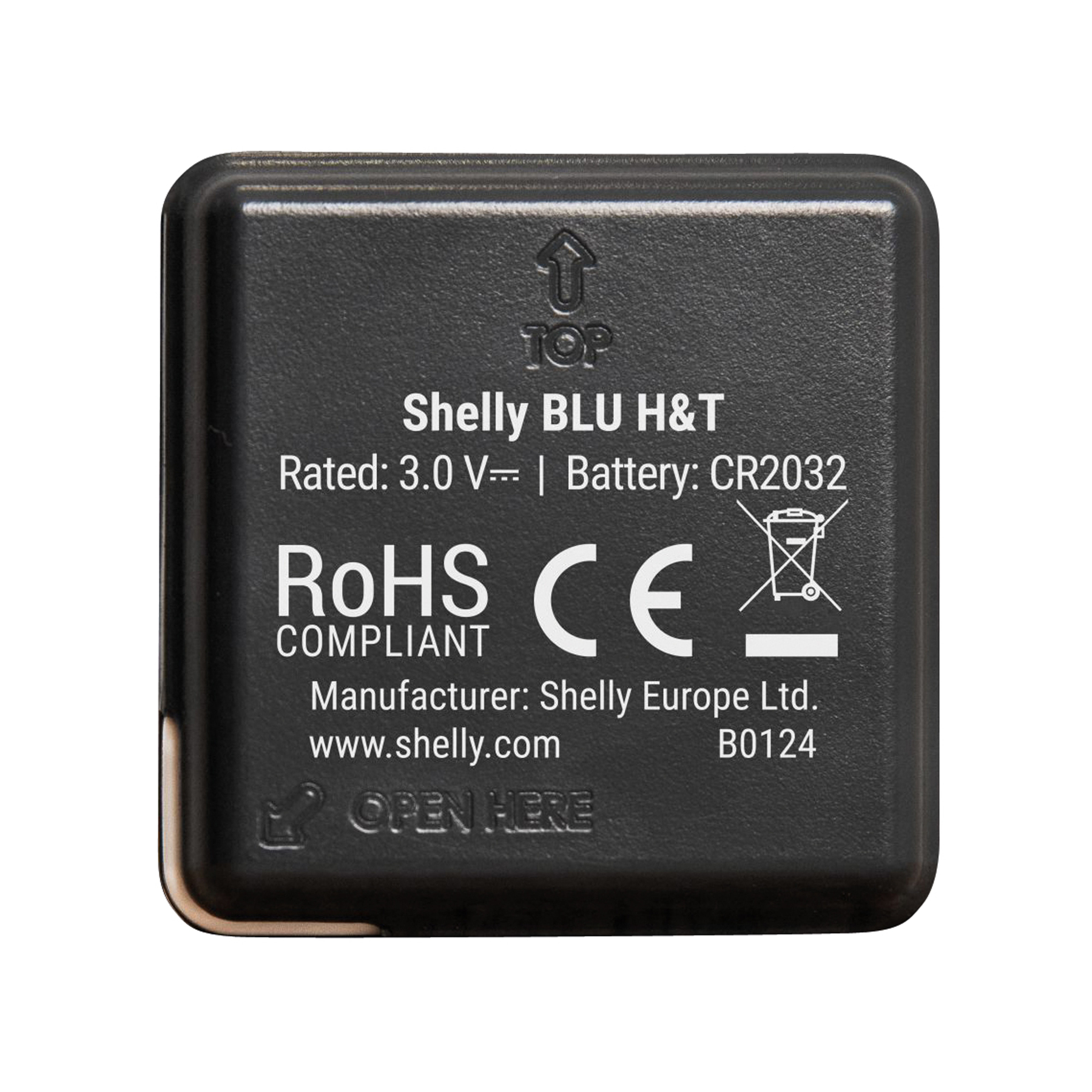 Schwarzes Gehäuse mit Kennzeichnungen: Shelly BLU H&T, 3.0V, CR2032, RoHS, CE, Entsorgungssymbol.