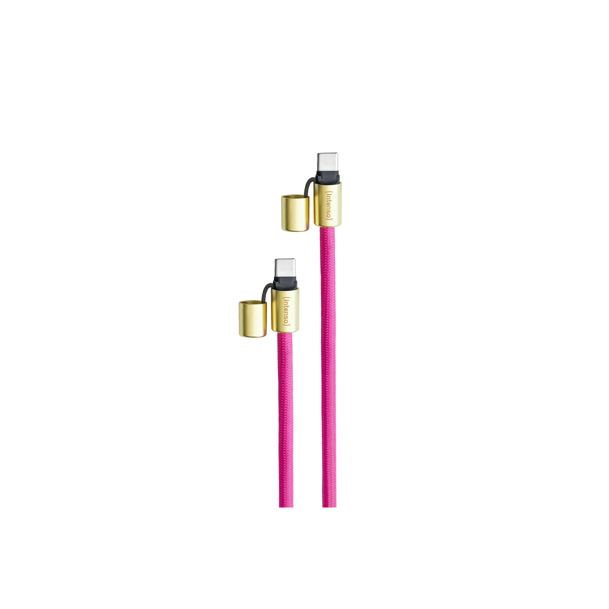 Zwei pinke USB-C-Kabel mit goldenen Anschlüssen und Kappen liegen nebeneinander.