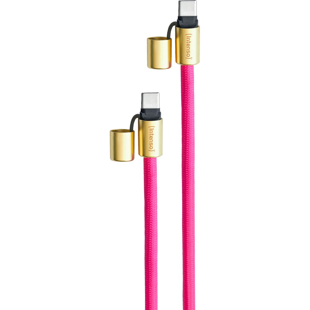 Zwei USB-C-Kabel mit&nbsp;&nbsp;goldenen Kappen und pinkem Geflecht.
