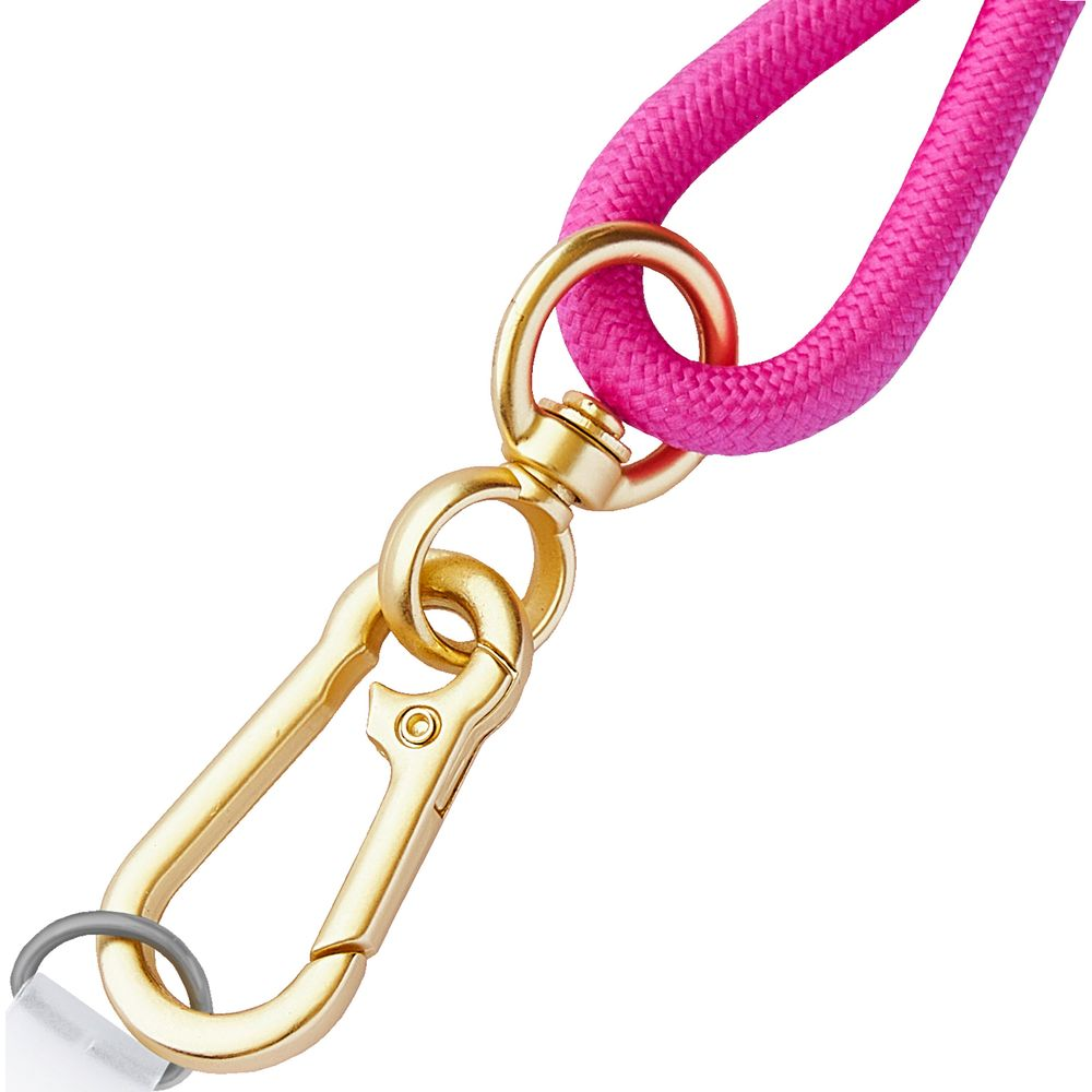 Ein goldener Karabinerhaken ist an einem schwenkbaren Ring befestigt, der an einem pinken Seil hängt.