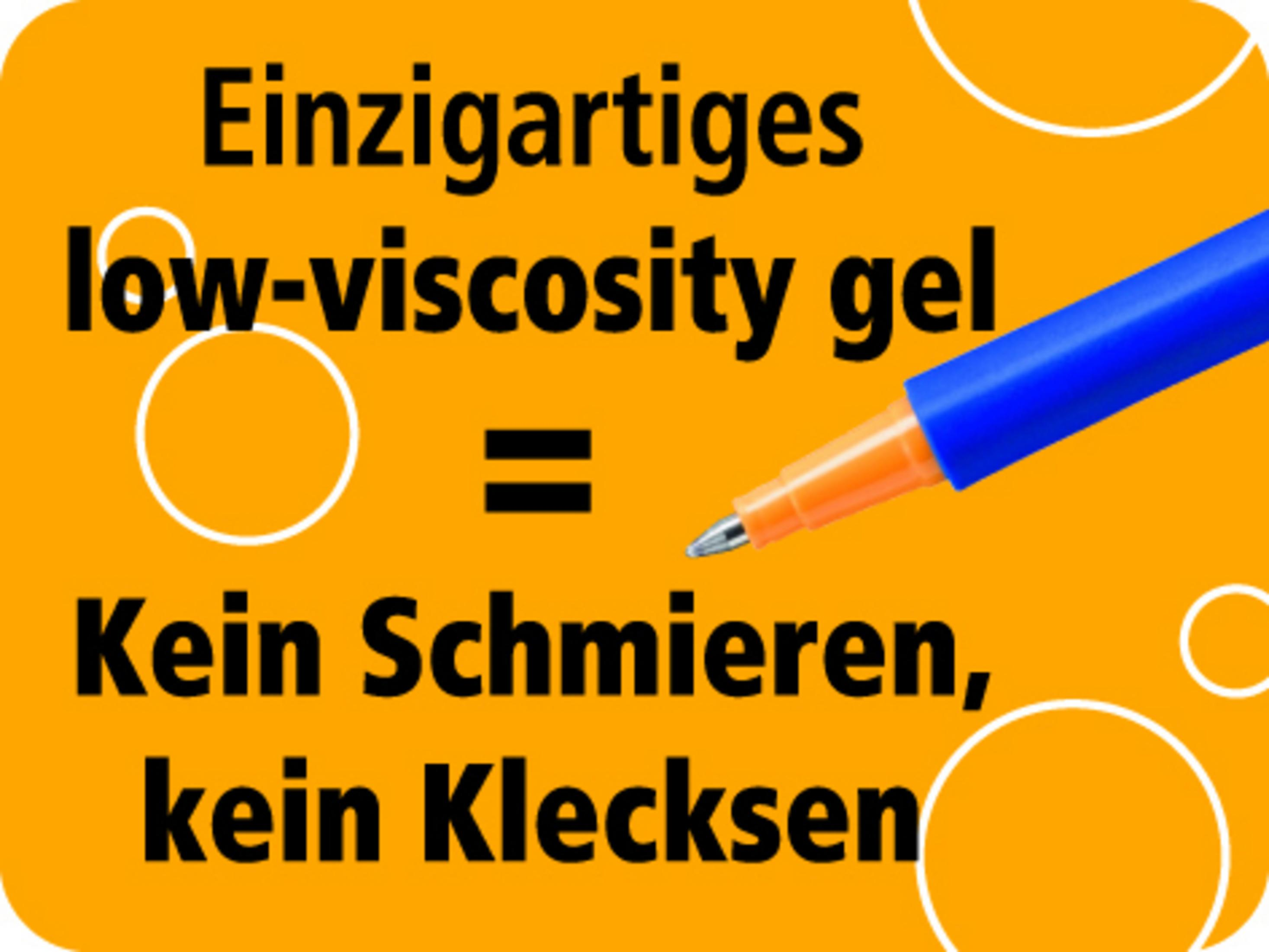 Einzigartiges Low-Viscosity Gel: Kein Schmieren, kein Klecksen. Blaue Stiftspitze.