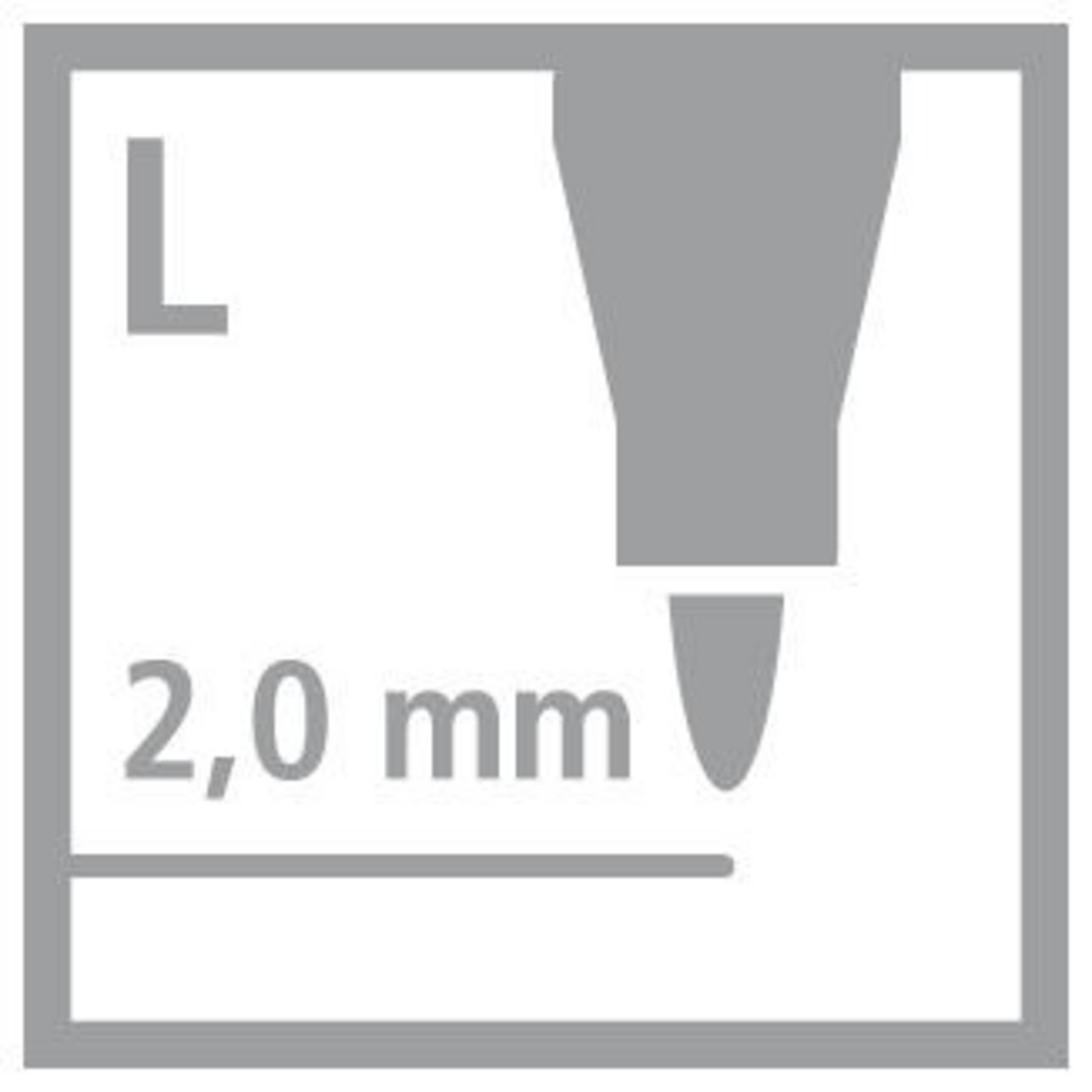 Schriftzug L mit 2,0 mm Strichstärke, Bleistiftspitze.