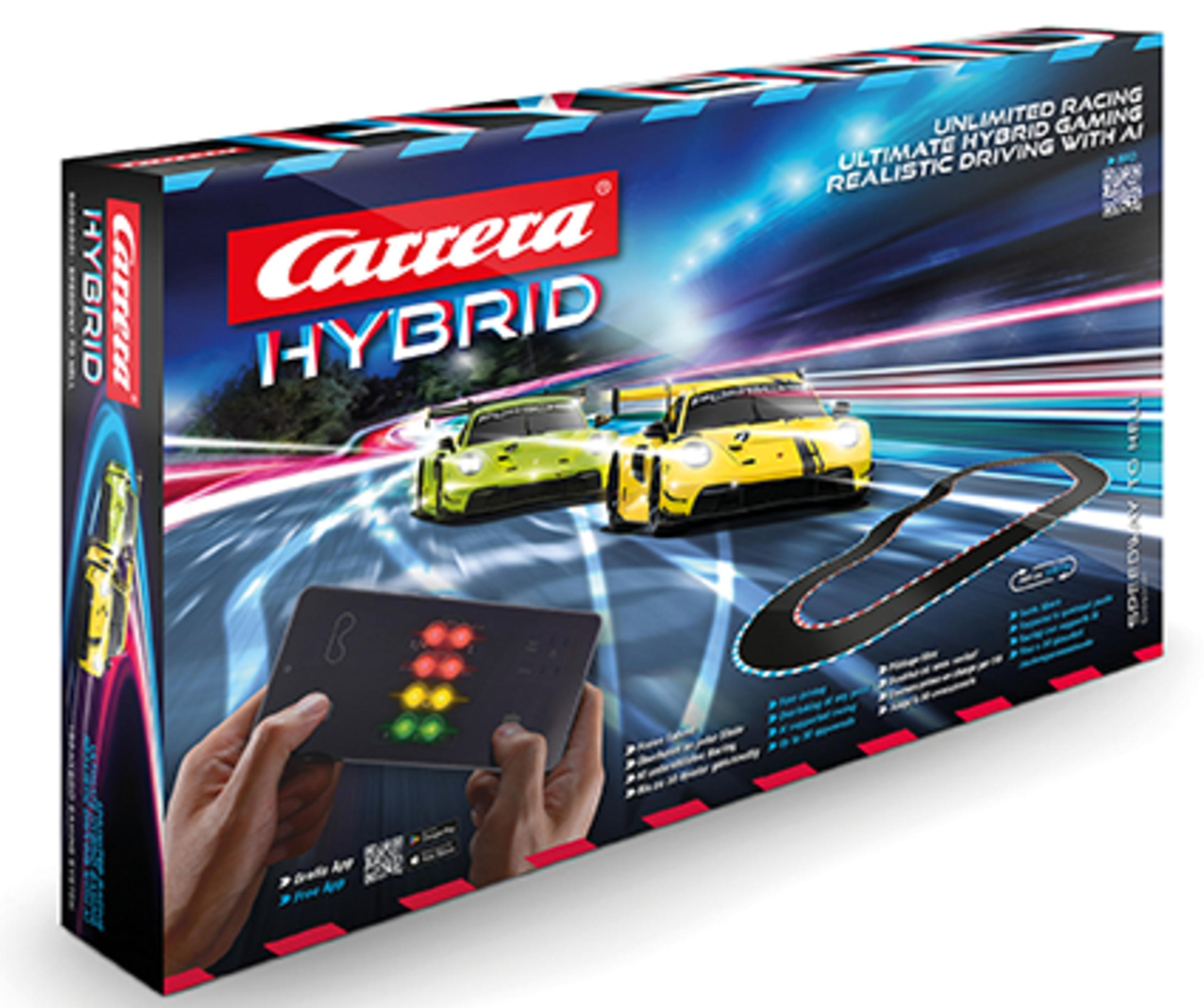 Carrera Hybrid Autorennbahn-Verpackung mit zwei Rennwagen und Controller.