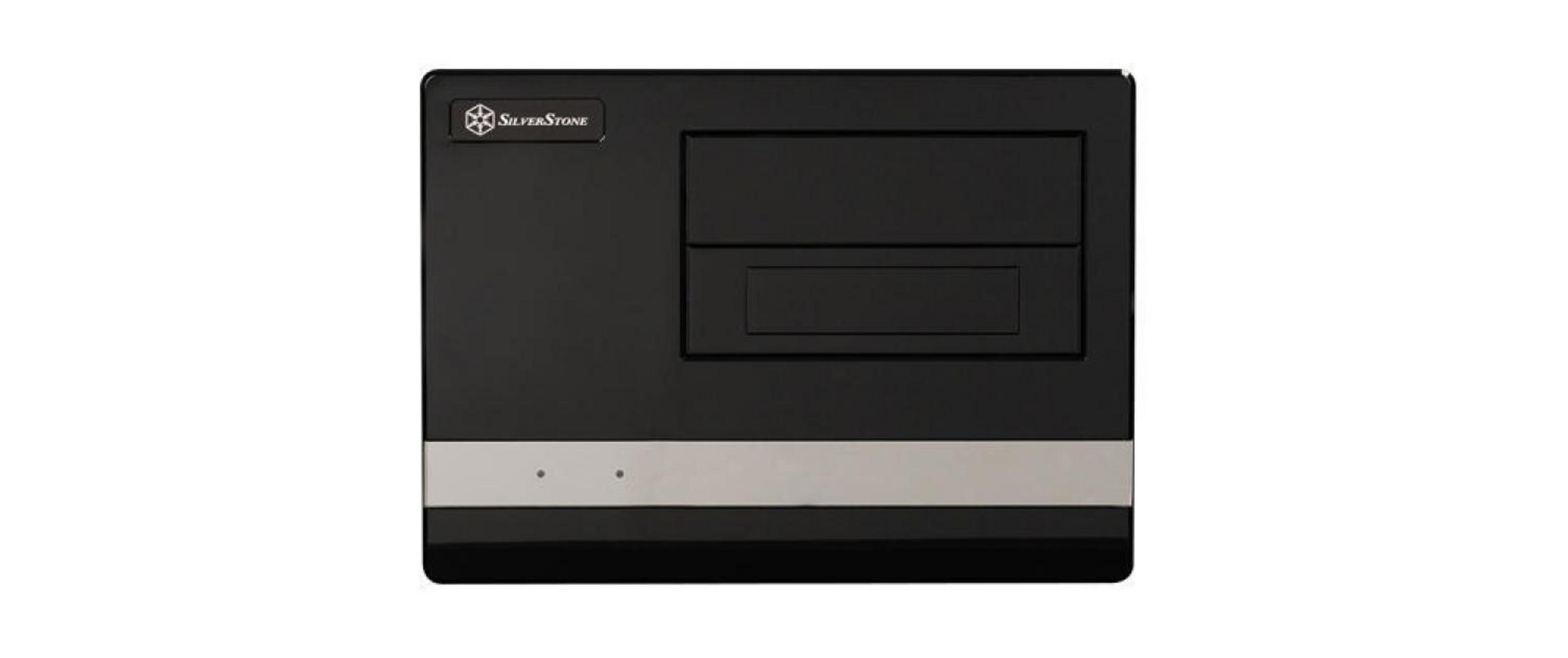 Schwarzes Computergehäuse mit silbernem Streifen und zwei Knöpfen. Silberstone-Logo oben links.