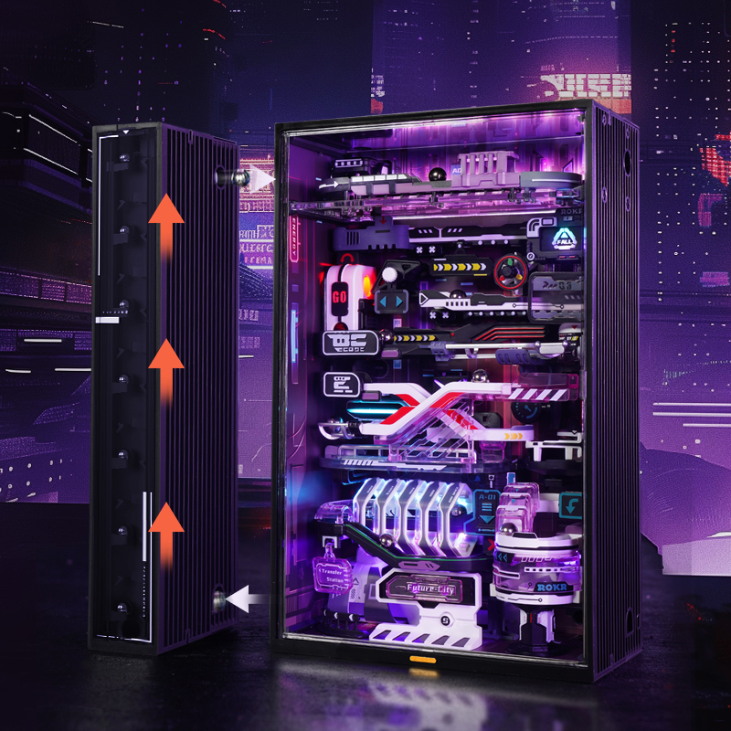 Mor aydınlatmalı ve görünür dahili bileşenlere sahip cyberpunk temalı PC.