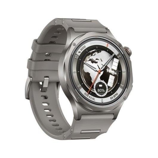Graue Smartwatch mit Weltkarten-Display, 80 % Akku, 300 kcal, 89 BPM.