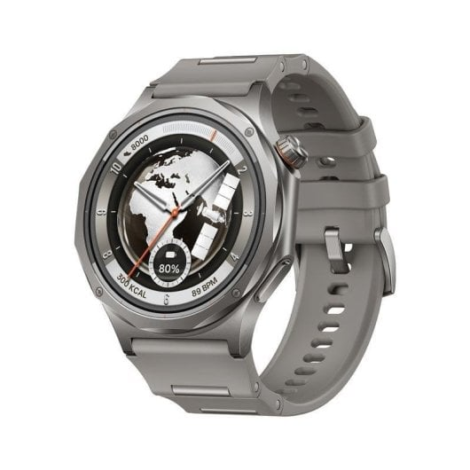 Graue Smartwatch mit Weltkarten-Zifferblatt, Kalorien- und BPM-Anzeige.