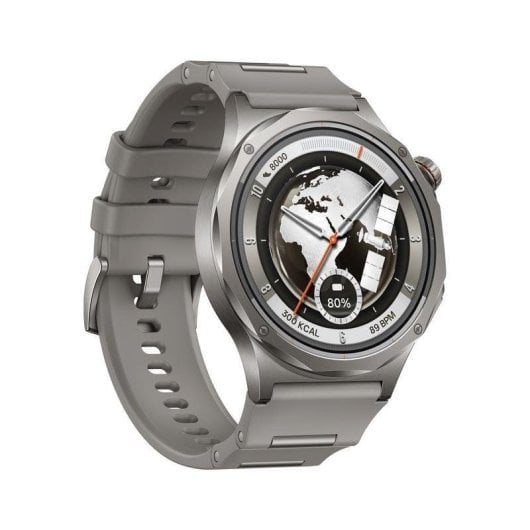 Graue Smartwatch mit Weltkarte, Satellit und Herzfrequenzanzeige.