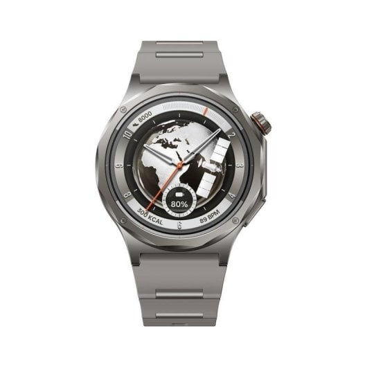 Graue Smartwatch mit Weltkarte auf dem Zifferblatt, 80% Akku.
