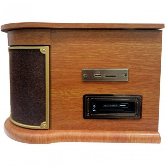 Un tocadiscos de madera con puerto USB, ranura para tarjeta SD y pletina de casete auto-stop.