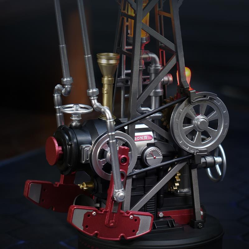 Dişliler, borular ve kırmızı tabanlı detaylı steampunk tarzı model.