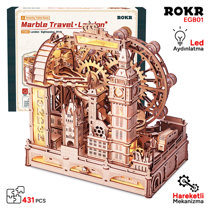 Big Ben ve London Eye dahil Londra simgelerinin ahşap modeli, LED ışıklı.
