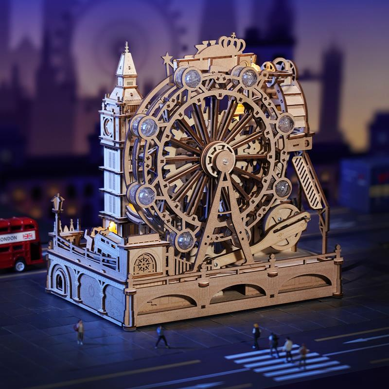 Big Ben ve kırmızı çift katlı otobüsle Londra Gözü ahşap modeli.