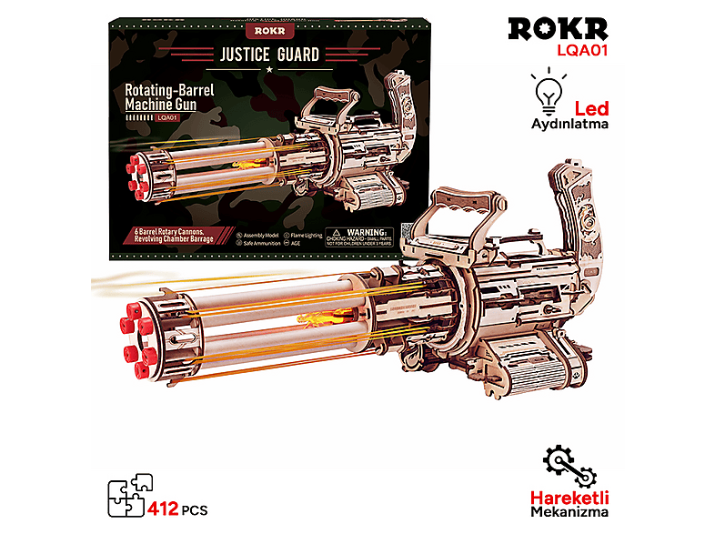 ROKR LQA01 Ak-47 Rotating-Barrel Machine Gun DIY Minyatür Maket Ahşap 3D Dekoratif Hareketli ve Sesli 3D Puzzle