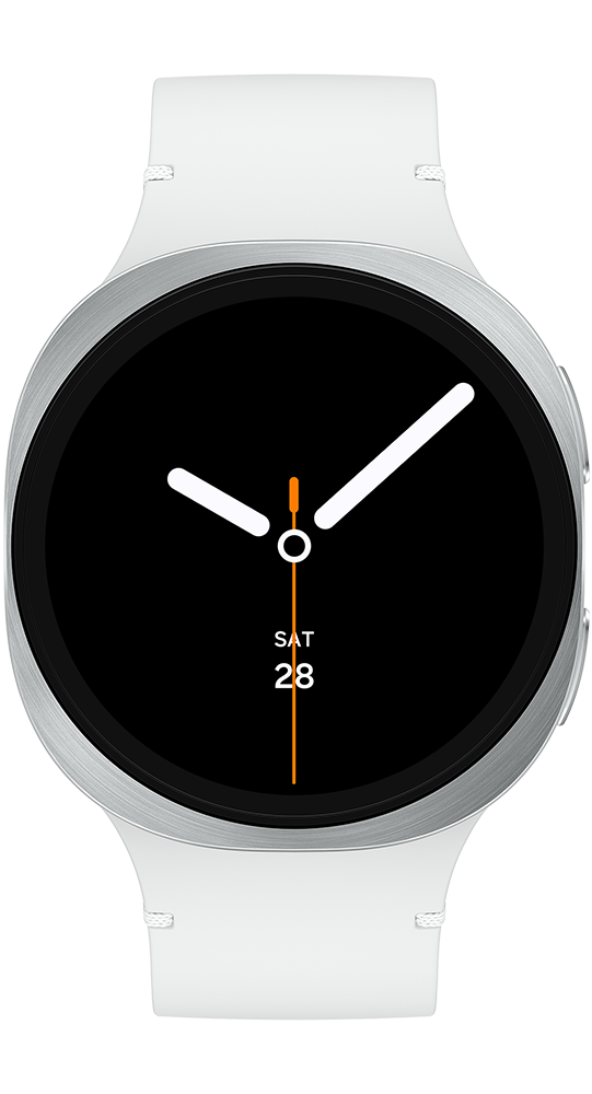 Reloj inteligente blanco con bisel plateado y pantalla negra que muestra Sáb 28.