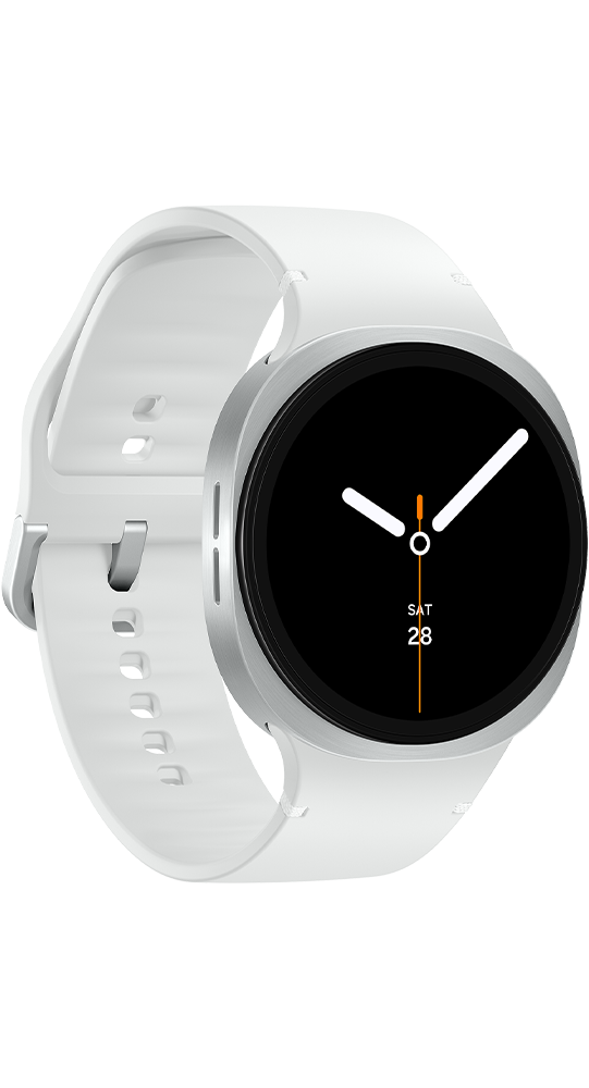 Un reloj inteligente blanco con bisel plateado y esfera negra.