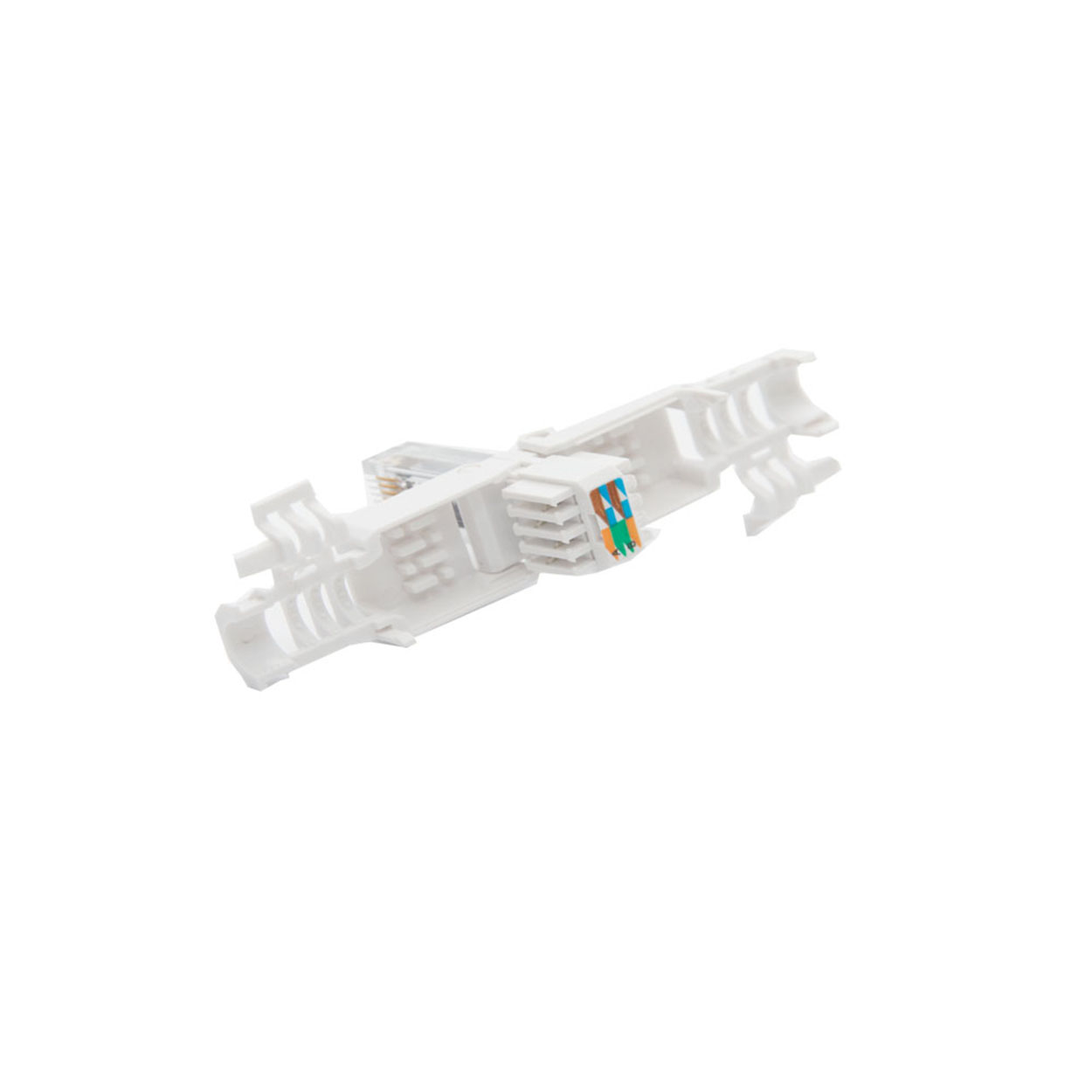 Ein weißer Netzwerk-Anschlussadapter mit farbigen Drähten.