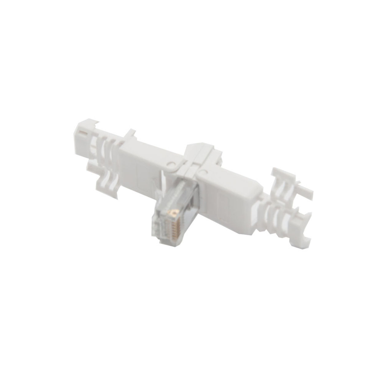 Ein weißer Kunststoffstecker mit einem durchsichtigen RJ45-Stecker links.