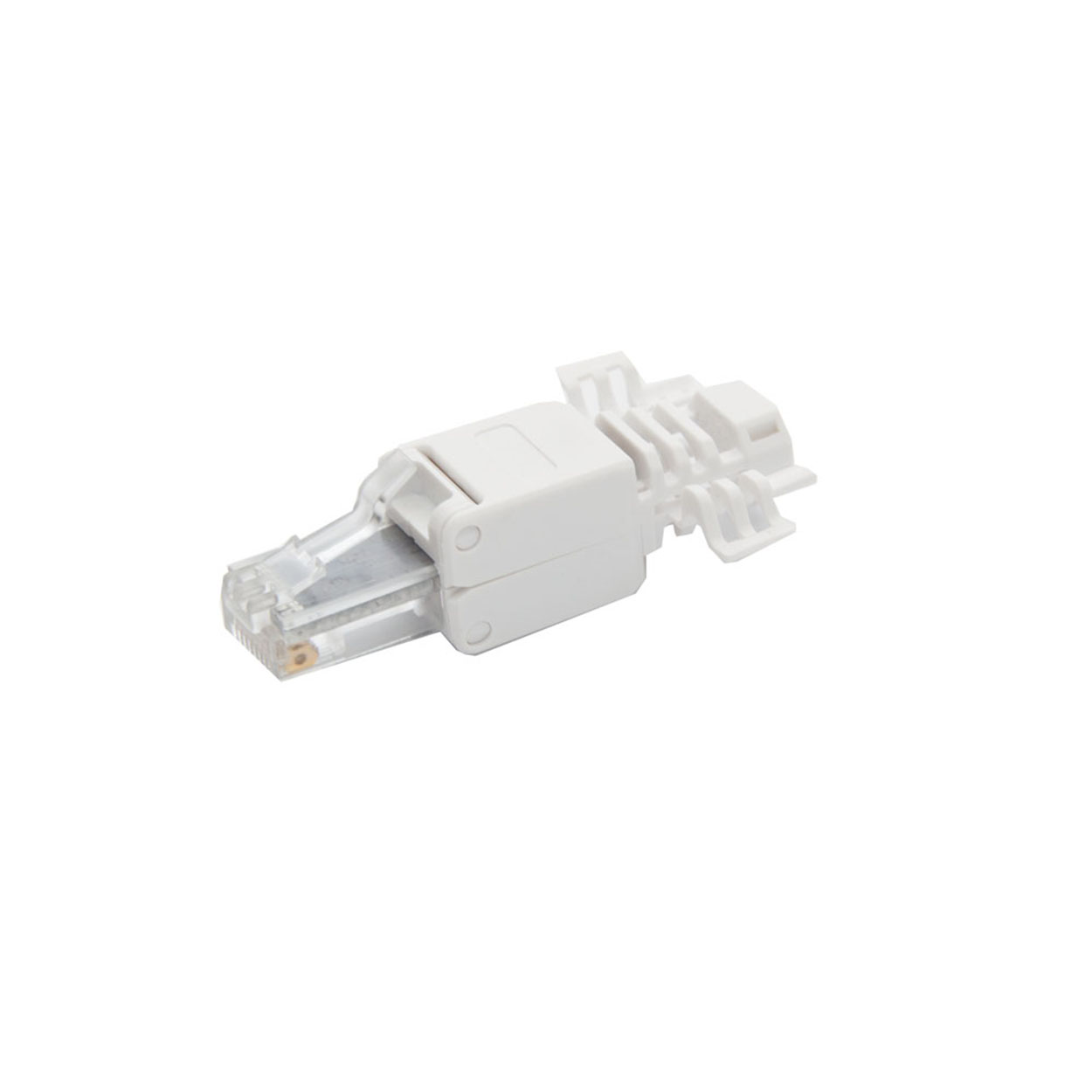 Ein weißer RJ45-Stecker mit transparentem Gehäuse und Metallkontakten.