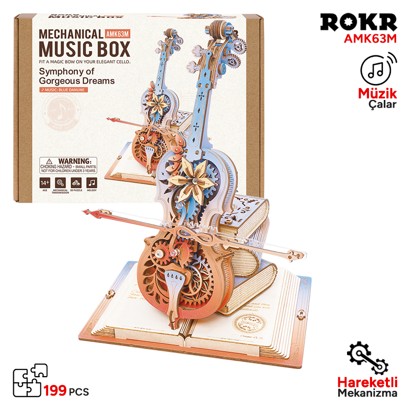 Dişlili ahşap mekanik çello müzik kutusu, açık kitap üzerinde.