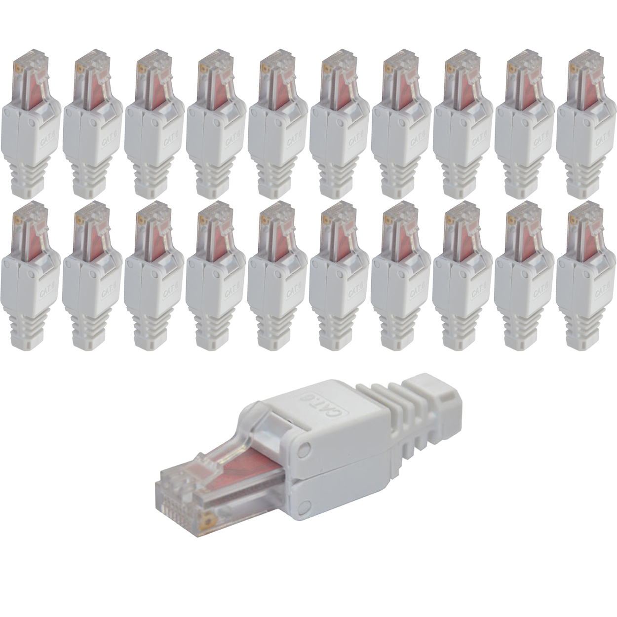 Zwei Reihen weißer CAT6-Netzwerkstecker, einer vorne.